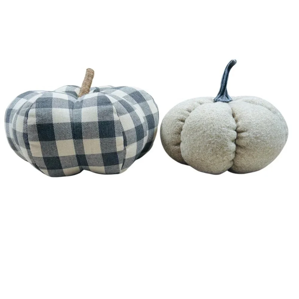 Plush Pumpkins Gingham Textiles Thanksgiving Fall Decoration Neutral